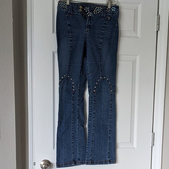 Vtg REVOLT USA Jeans Decorated w/Metal Studs & Faux Gems -Flared Bottom Boot Cut - Picture 3 of 14